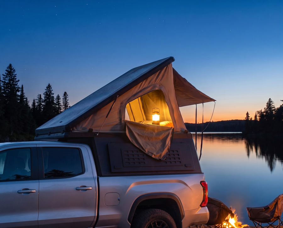 Chevrolet Colorado pop-up camper glowing at dusk beside a northern lake with a campfire