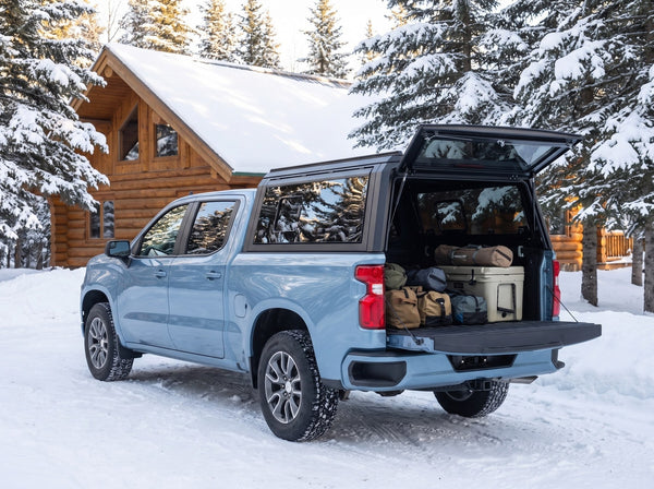 Chevrolet Silverado 1500 with an aluminum truck cap on a winter road