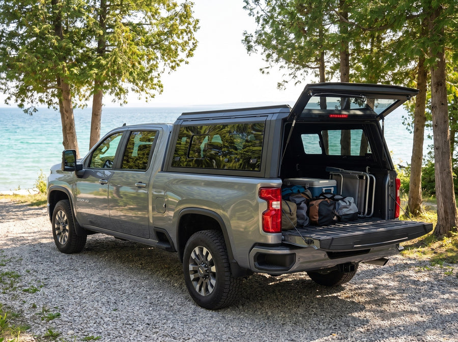 Chevy Silverado 2500HD 3500HD truck cap open at a cottage with duffel bags, a cooler and a camp chair packed in the bed