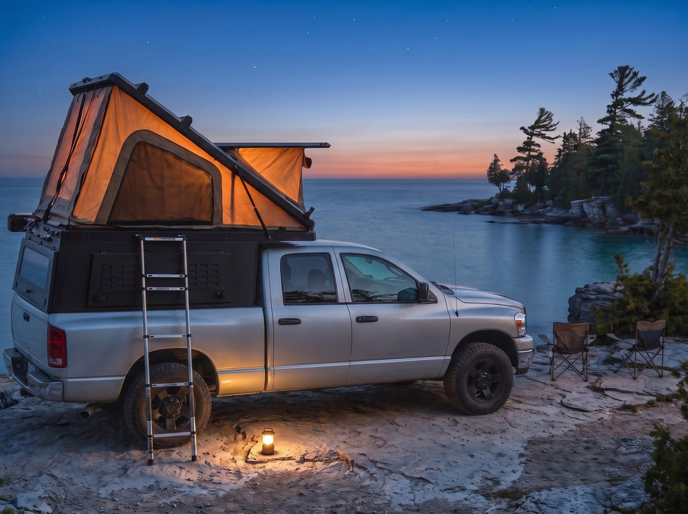 Dodge Ram 2500/3500 pop-up truck cap camper glowing at dusk on the Georgian Bay shore with camp chairs and a lantern