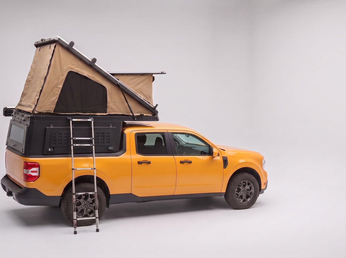 Studio side view of the Double Pop-Up truck cap camper on a Ford Maverick