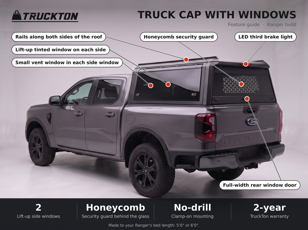 Feature guide for the TruckTon truck cap with windows on a Ford Ranger: lift-up tinted windows, honeycomb security guard, vent windows, rails on the roof and LED third brake light