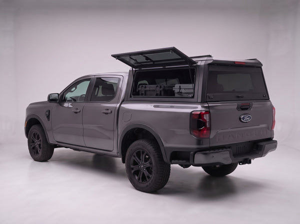 Lift-up tinted side window on the Ford Ranger aluminum truck cap