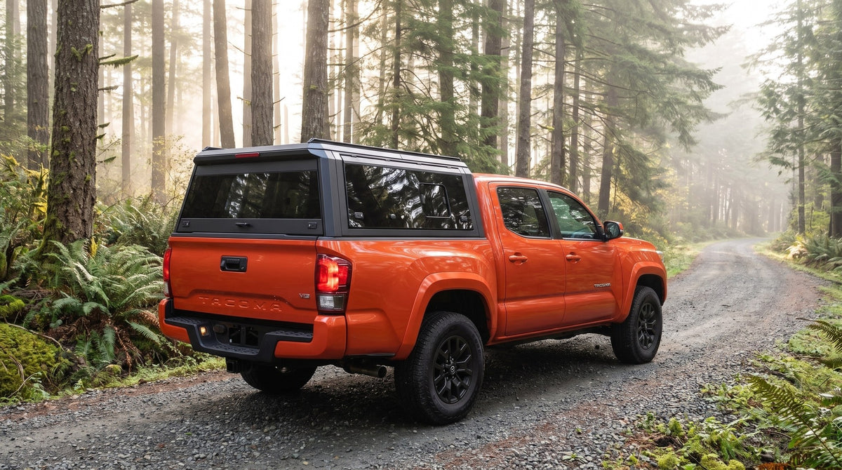 Wide view of a Toyota Tacoma with a windowed aluminum truck cap parked at a gravel forest road through tall coastal Douglas firs on Vancouver Island