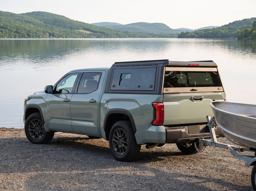 Toyota Tundra with a windowed truck cap towing an aluminum fishing boat at a boat launch