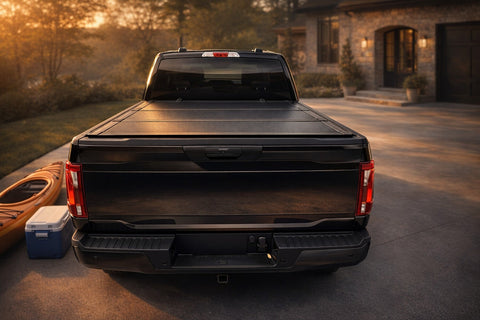 Locking hard tonneau cover protecting truck bed from theft