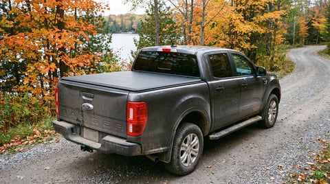 Grey Ford Ranger with a black soft tri-fold tonneau cover parked on a gravel cottage road in fall