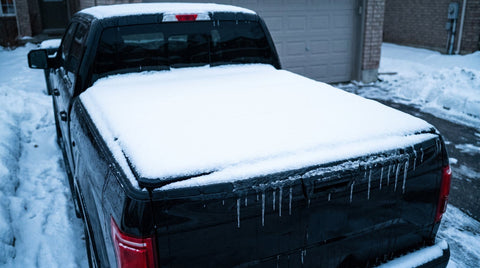 Tonneau cover frozen shut under fresh snow, with icicles along the tailgate on an Ontario driveway
