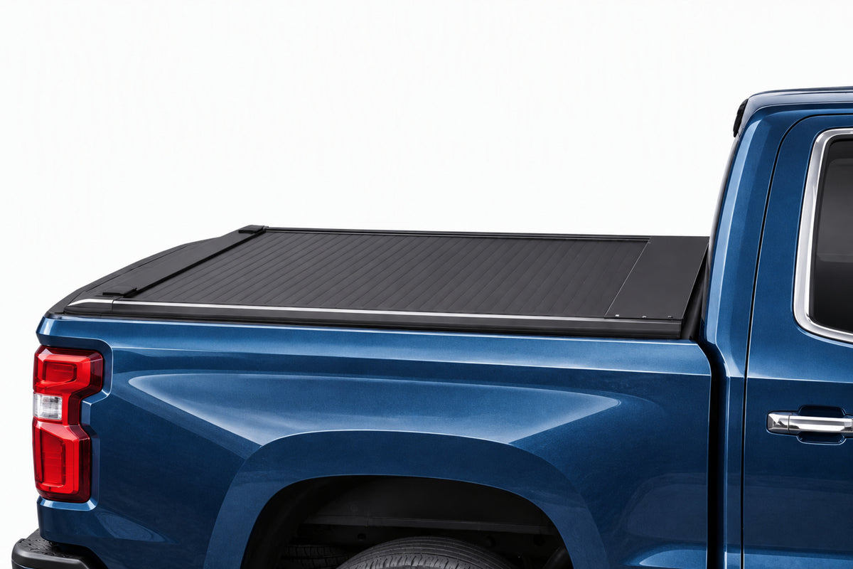 TruckTon manual retractable tonneau cover closed — low-profile matte black slats