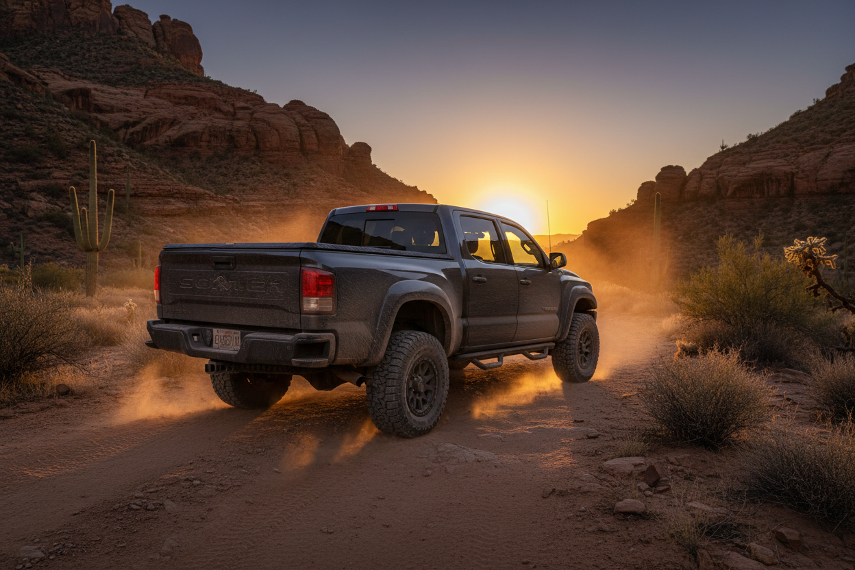 A rugged, lifted dark pickup truck outfitted with a matte black tonneau cover and heavy-duty side steps. The truck is parked on a dirt trail in a dramatic desert canyon landscape at sunset. Dust is settling around the tires. The vehicle is covered in a thin layer of mud. Cinematic lighting, golden hour backlight, tough atmosphere, professional automotive photography, 8k resolution, highly detailed textures. --ar 4:3 --stylize 250