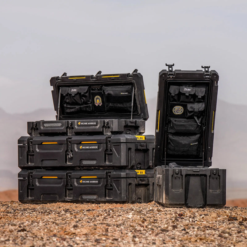 Stacked FLEX cases with lids open showing organisers
