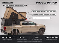 Double Pop-Up truck cap camper dimensions on a Chevy Colorado: 50 by 100 inch sleeping area, 10 inch closed tent height, 295 to 375 lbs