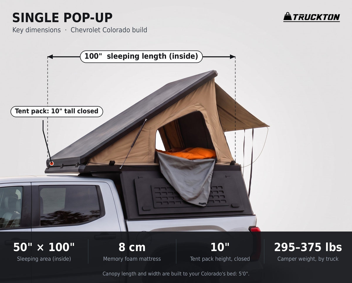 Single Pop-Up truck cap camper dimensions on a Chevrolet Colorado: 50 by 100 inch sleeping area, 10 inch closed tent height, 295 to 375 lbs