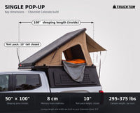 Single Pop-Up truck cap camper dimensions on a Chevrolet Colorado: 50 by 100 inch sleeping area, 10 inch closed tent height, 295 to 375 lbs