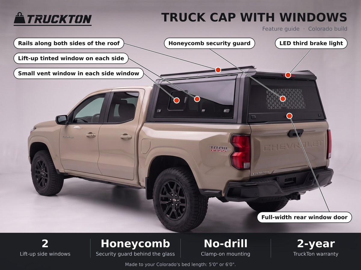 Feature guide for the TruckTon truck cap with windows on a Chevy Colorado: lift-up tinted windows, honeycomb security guard, vent windows, rails on the roof and LED third brake light