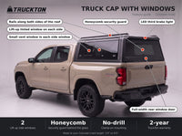 Feature guide for the TruckTon truck cap with windows on a Chevy Colorado: lift-up tinted windows, honeycomb security guard, vent windows, rails on the roof and LED third brake light