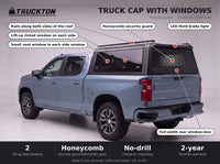 Feature guide for the TruckTon truck cap with windows on a Chevy Silverado 1500: lift-up tinted windows, honeycomb security guard, vent windows, rails on the roof and LED third brake light