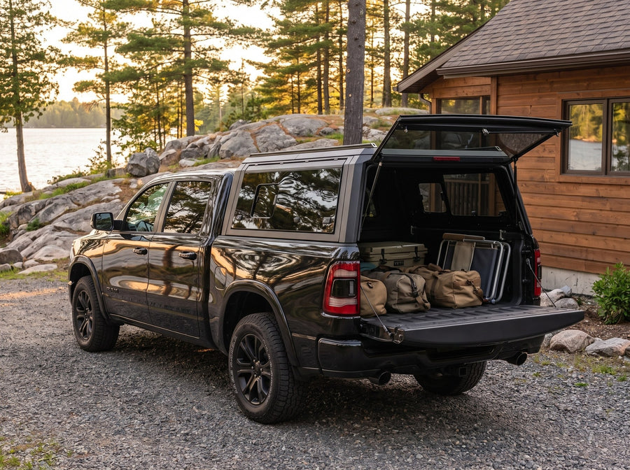 Dodge Ram 1500 truck cap open at a cottage with duffel bags, a cooler and a camp chair packed in the bed