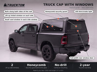 Feature guide for the TruckTon truck cap with windows on a Dodge Ram 1500: lift-up tinted windows, honeycomb security guard, vent windows, rails on the roof and LED third brake light