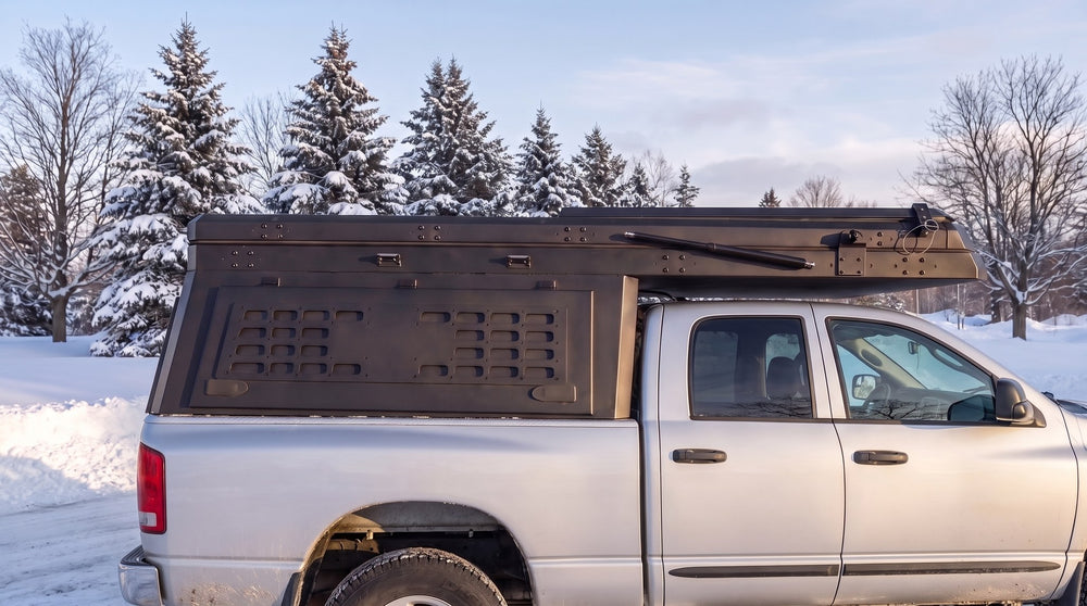 Dodge Ram 2500/3500 truck cap camper closed up for winter driving on a snowy Ontario road