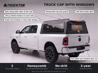 Feature guide for the TruckTon truck cap with windows on a Dodge Ram 2500 3500: lift-up tinted windows, honeycomb security guard, vent windows, rails on the roof and LED third brake light