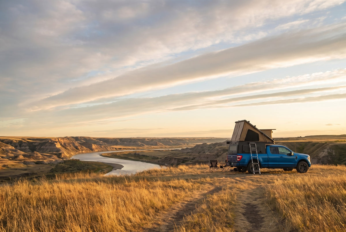 Wide view of a Ford F-150 pop-up truck cap camper camped above an Alberta badlands river valley in evening light