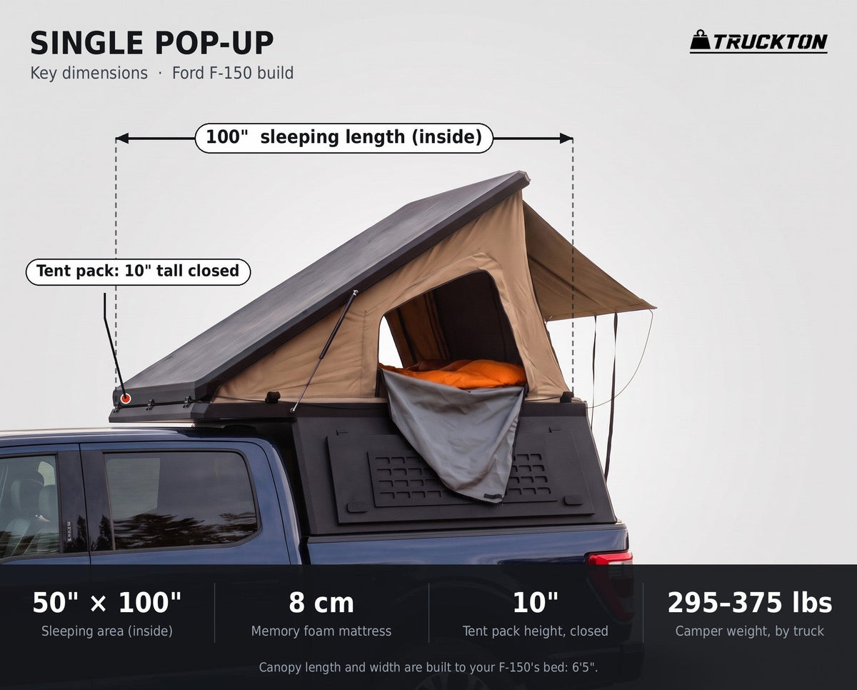 Single Pop-Up truck cap camper dimensions on a Ford F-150: 50 by 100 inch sleeping area, 10 inch closed tent height, 295 to 375 lbs