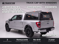 Feature guide for the TruckTon truck cap with windows on a Ford F-150: lift-up tinted windows, honeycomb security guard, vent windows, rails on the roof and LED third brake light