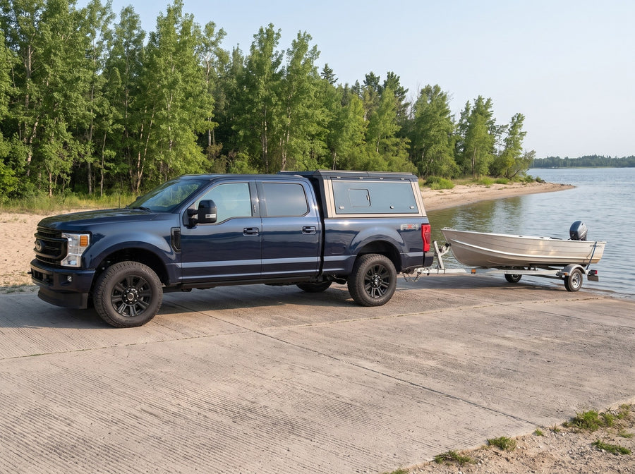 Ford F-250 F-350 Super Duty with a windowed truck cap towing an aluminum fishing boat at a boat launch
