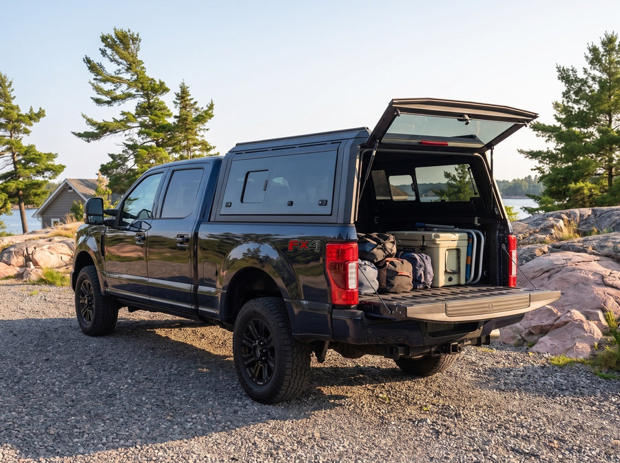 Ford F-250 F-350 Super Duty truck cap open at a cottage with duffel bags, a cooler and a camp chair packed in the bed