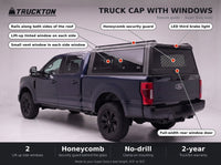 Feature guide for the TruckTon truck cap with windows on a Ford F-250 F-350 Super Duty: lift-up tinted windows, honeycomb security guard, vent windows, rails on the roof and LED third brake light