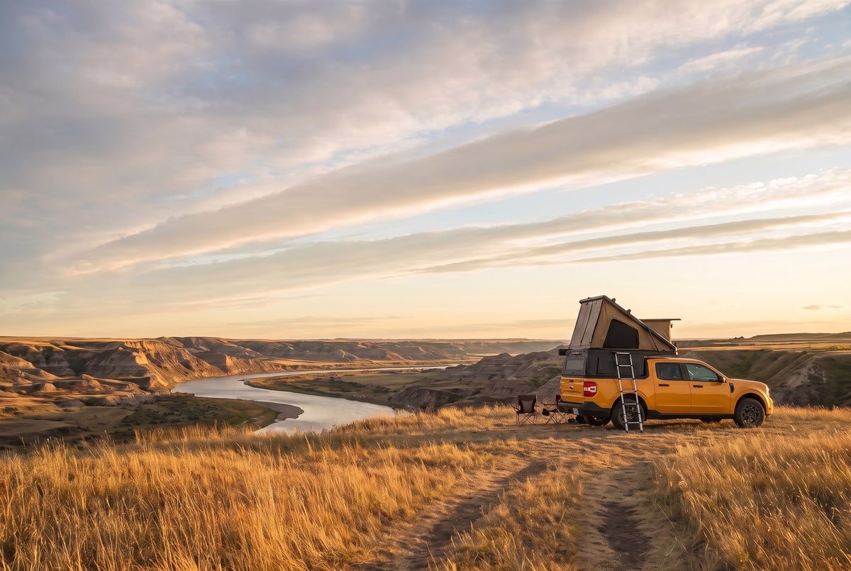 Wide view of a Ford Maverick pop-up truck cap camper camped above an Alberta badlands river valley in evening light