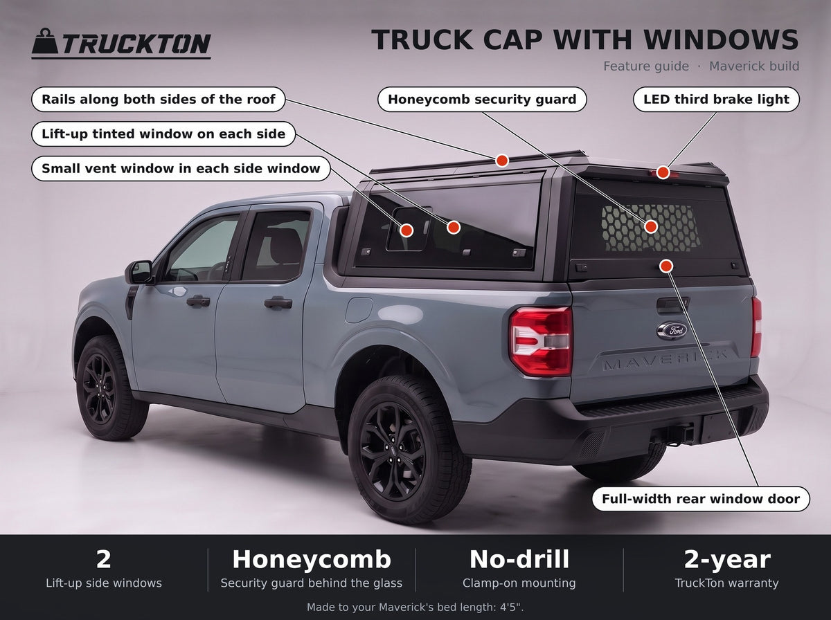 Feature guide for the TruckTon truck cap with windows on a Ford Maverick: lift-up tinted windows, honeycomb security guard, vent windows, rails on the roof and LED third brake light
