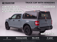 Feature guide for the TruckTon truck cap with windows on a Ford Maverick: lift-up tinted windows, honeycomb security guard, vent windows, rails on the roof and LED third brake light