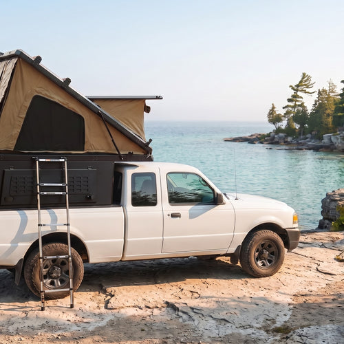 Ford Ranger Double Pop-Up truck cap camper with the roof tent open on the Georgian Bay shoreline in Ontario