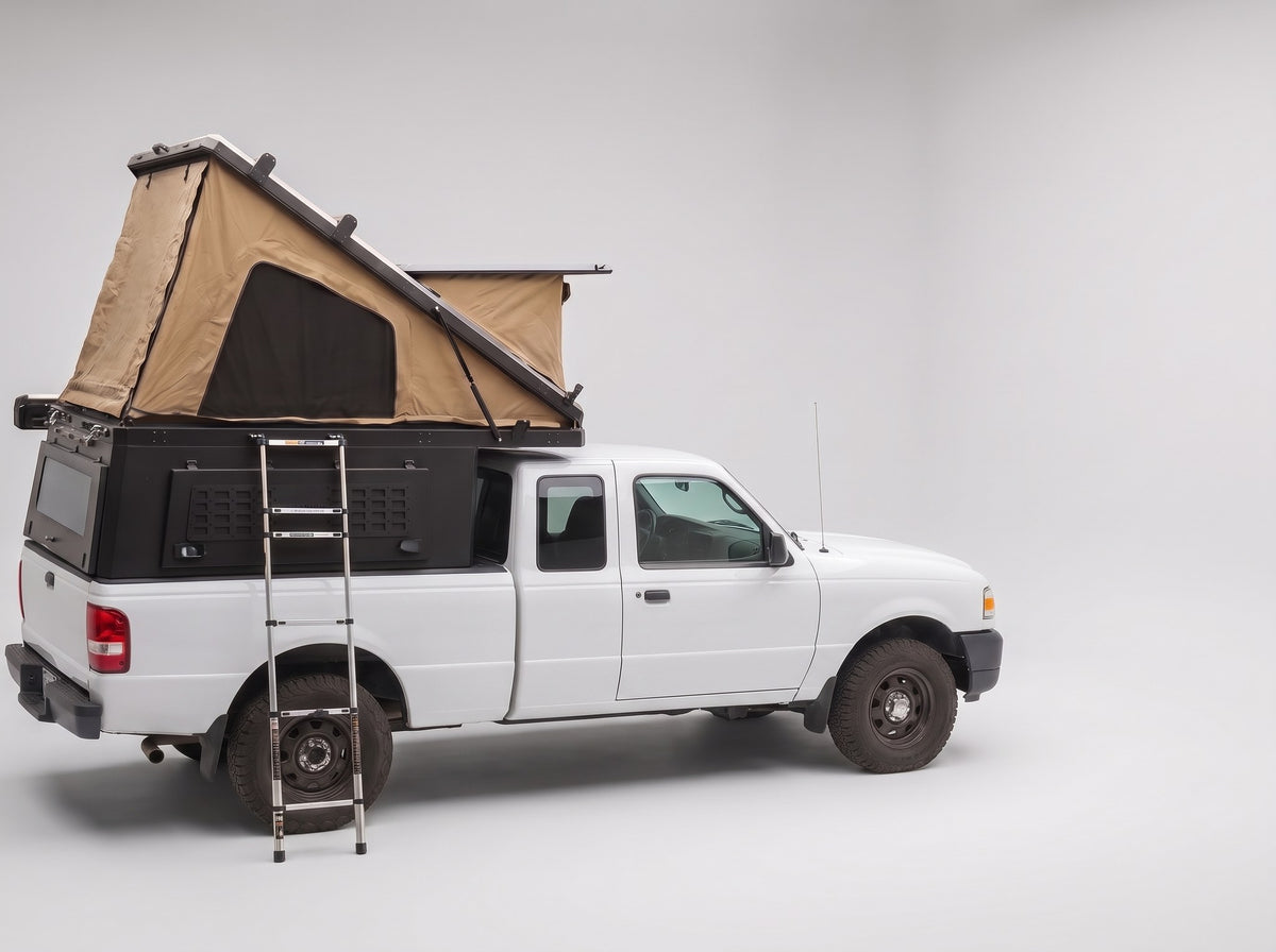 Studio side view of the Double Pop-Up truck cap camper on a Ford Ranger