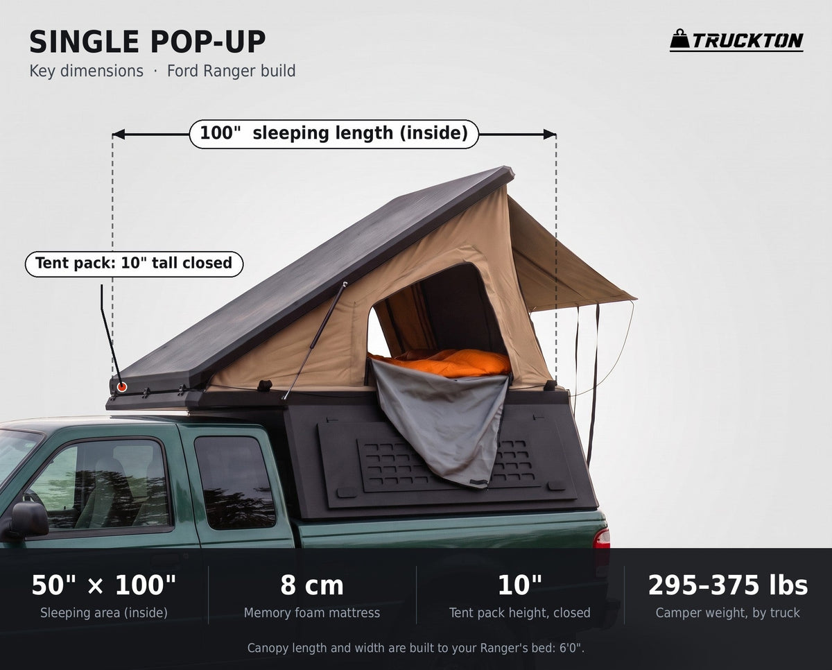 Single Pop-Up truck cap camper dimensions on a Ford Ranger: 50 by 100 inch sleeping area, 10 inch closed tent height, 295 to 375 lbs