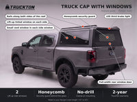 Feature guide for the TruckTon truck cap with windows on a Ford Ranger: lift-up tinted windows, honeycomb security guard, vent windows, rails on the roof and LED third brake light