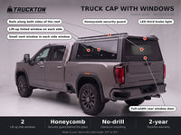 Feature guide for the TruckTon truck cap with windows on a GMC Sierra 2500HD 3500HD: lift-up tinted windows, honeycomb security guard, vent windows, rails on the roof and LED third brake light