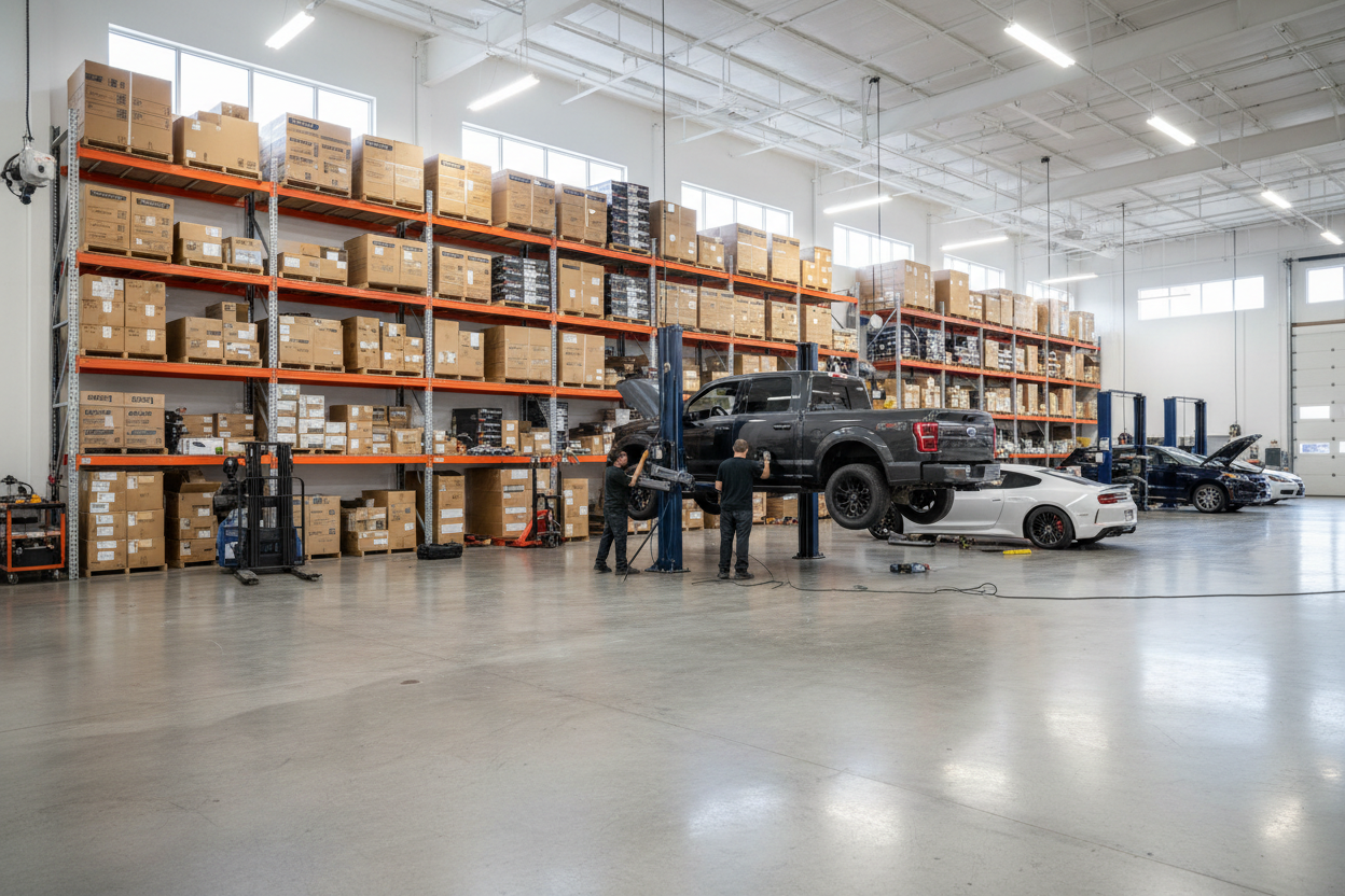 Interior wide shot of a bustling, clean, modern automotive customization workshop. In the center, a dark pickup truck is on a hydraulic lift, having rugged side steps installed. In the background, tall industrial shelving units are stocked with large boxes and inventory of tonneau covers and bed mats. The floor is polished concrete. The lighting is bright and professional. It shows scale and growth. --ar 16:9 --v 6.0