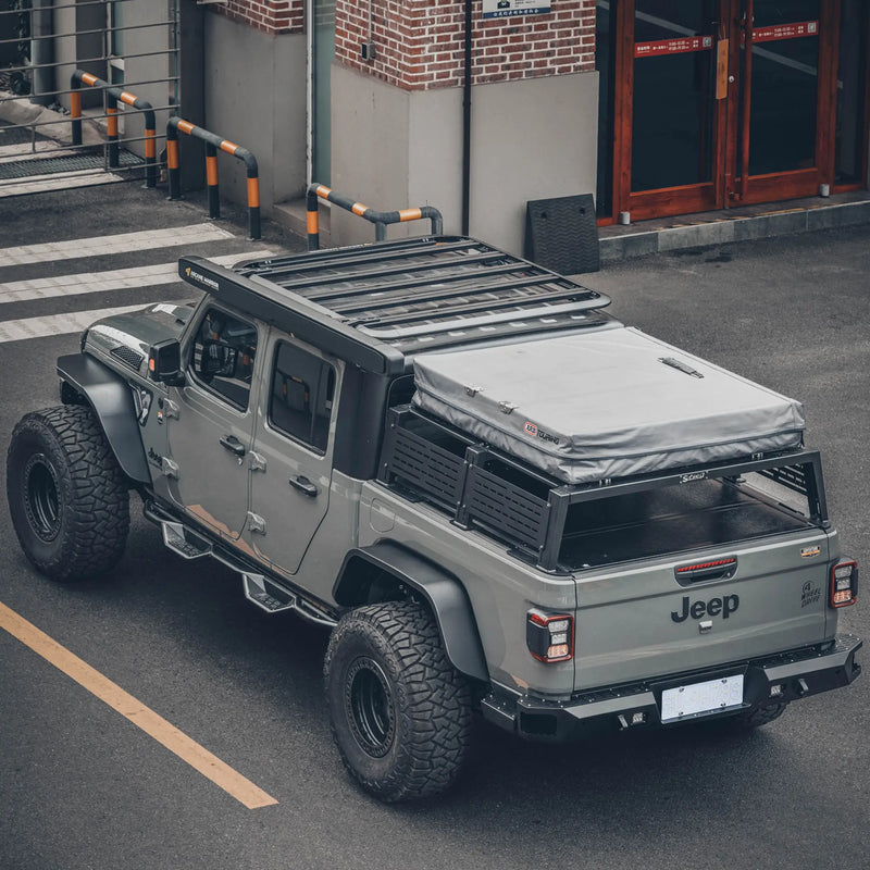 Jeep Gladiator JT with the STORM roof rack, aerial rear view