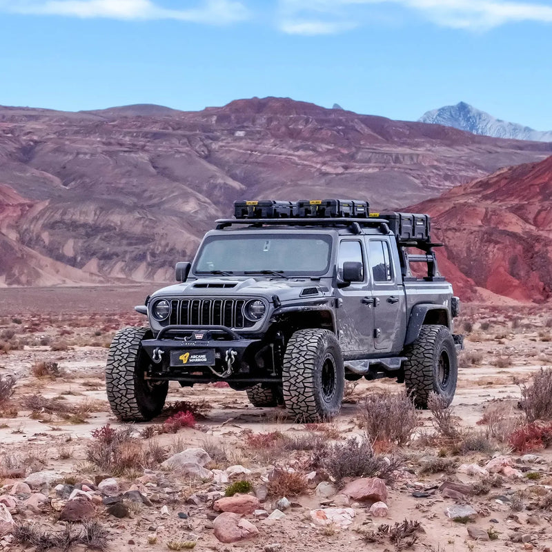 Jeep Gladiator with STORM roof rack in the desert, front view