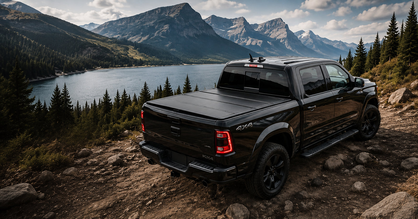 Ford F-150 with TruckTon hard flip-back tonneau cover on a Canadian mountain road