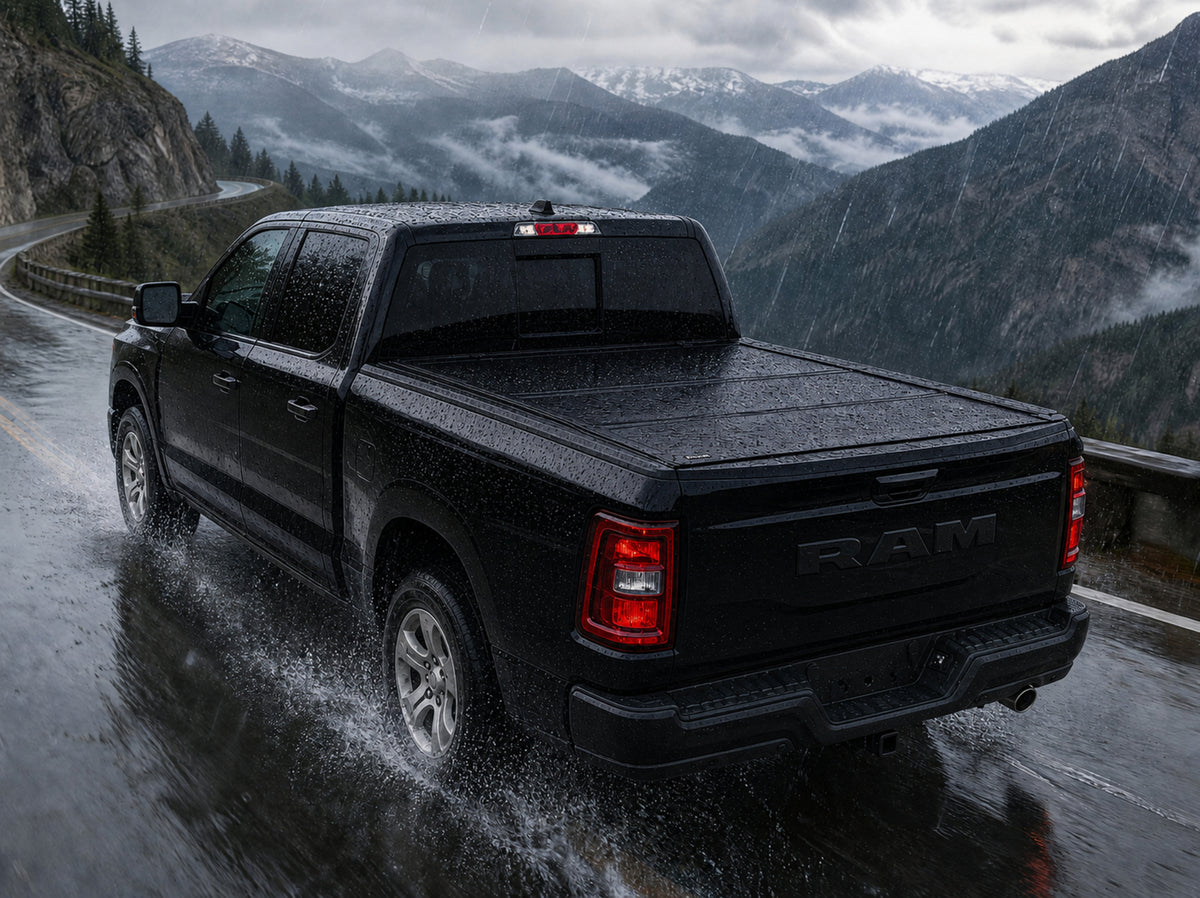 Sealed flip-back tonneau cover in heavy rain
