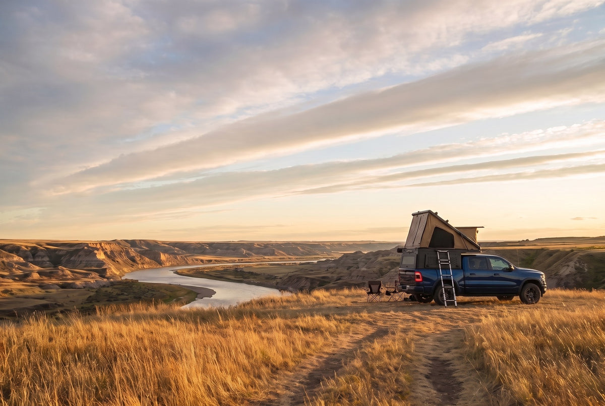 Wide view of a Ram 1500 pop-up truck cap camper camped above an Alberta badlands river valley in evening light