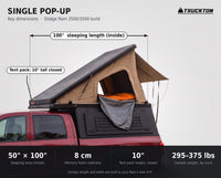 Single Pop-Up truck cap camper dimensions on a Dodge Ram 2500/3500: 50 by 100 inch sleeping area, 10 inch closed tent height, 295 to 375 lbs