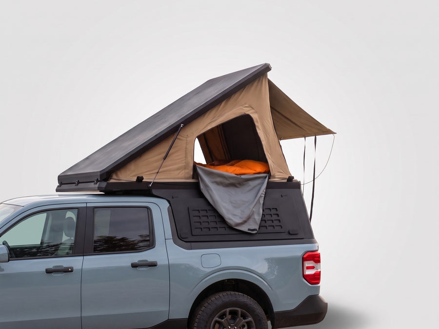 Single Pop-Up truck cap camper on a Ford Maverick, shown for comparison with the Double Pop-Up