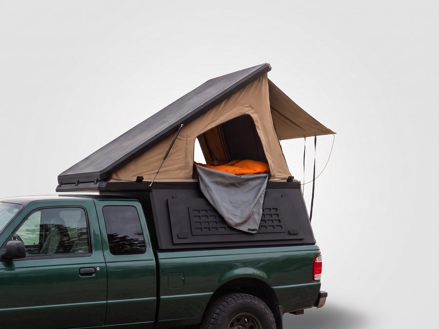 Single Pop-Up truck cap camper on a Ford Ranger, shown for comparison with the Double Pop-Up