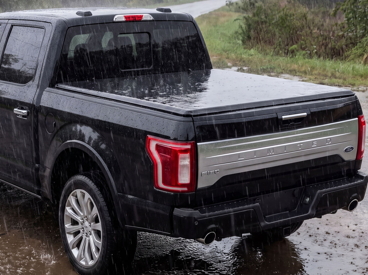 Soft tri-fold tonneau cover shedding heavy rain
