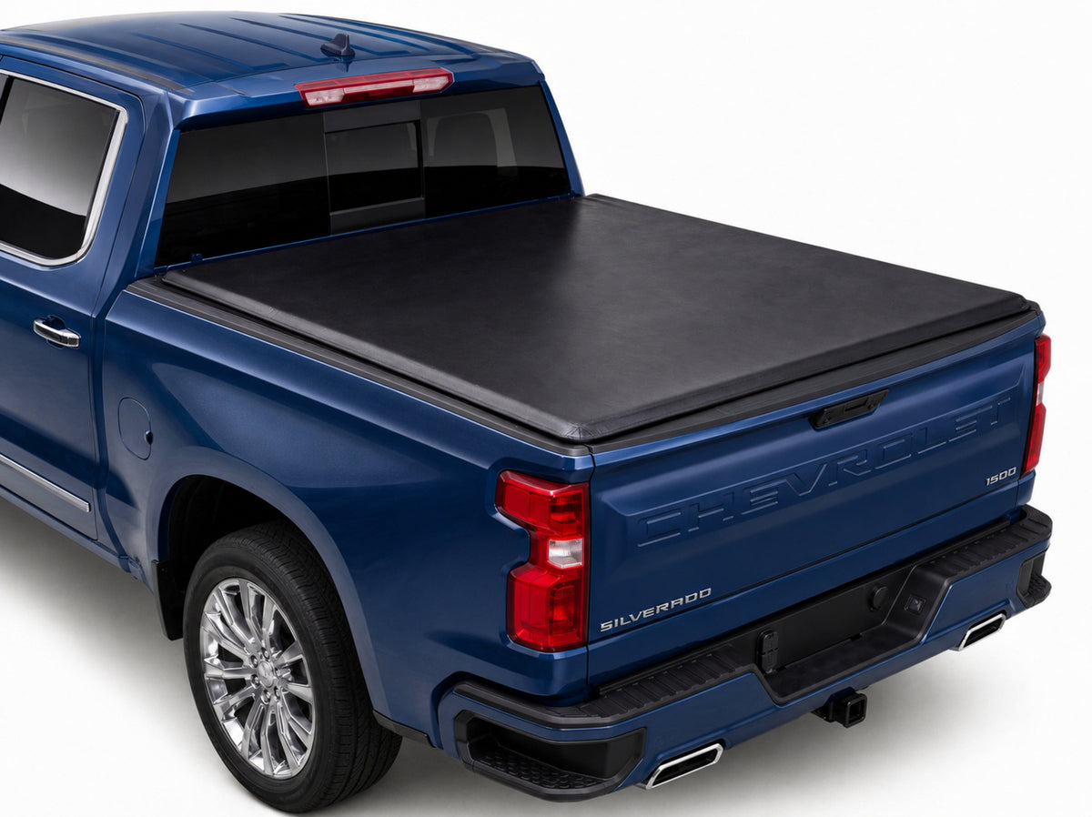 TruckTon soft tri-fold tonneau cover closed on a Silverado — low flush profile